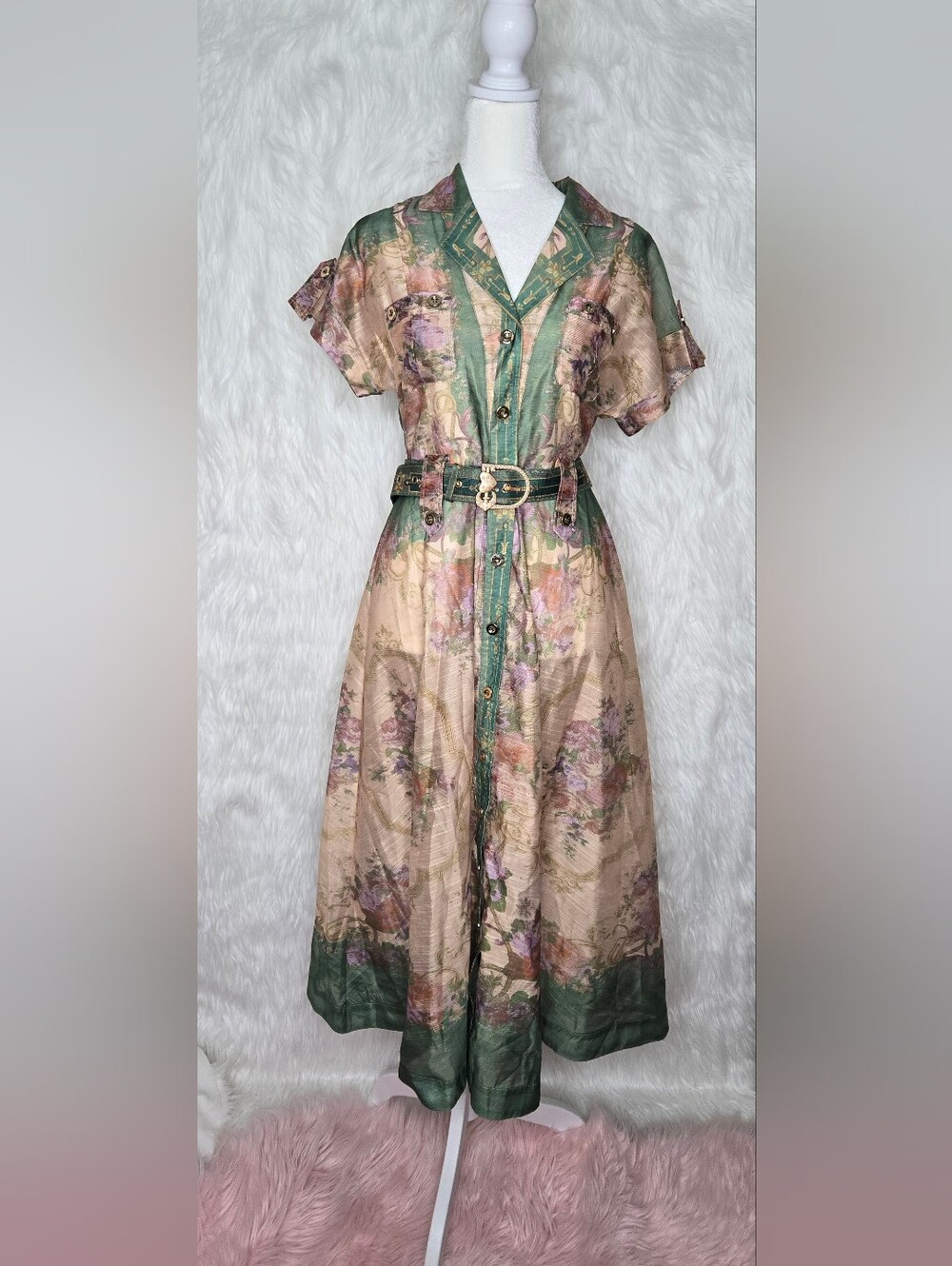 Miss Rosier Green-Trim Floral Button-Front Midi Dress